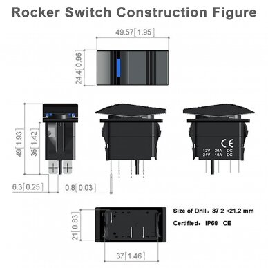 Jungiklis Rocker Switch ON-OF su LED (blue), 12v 20A, 24v 10A 1