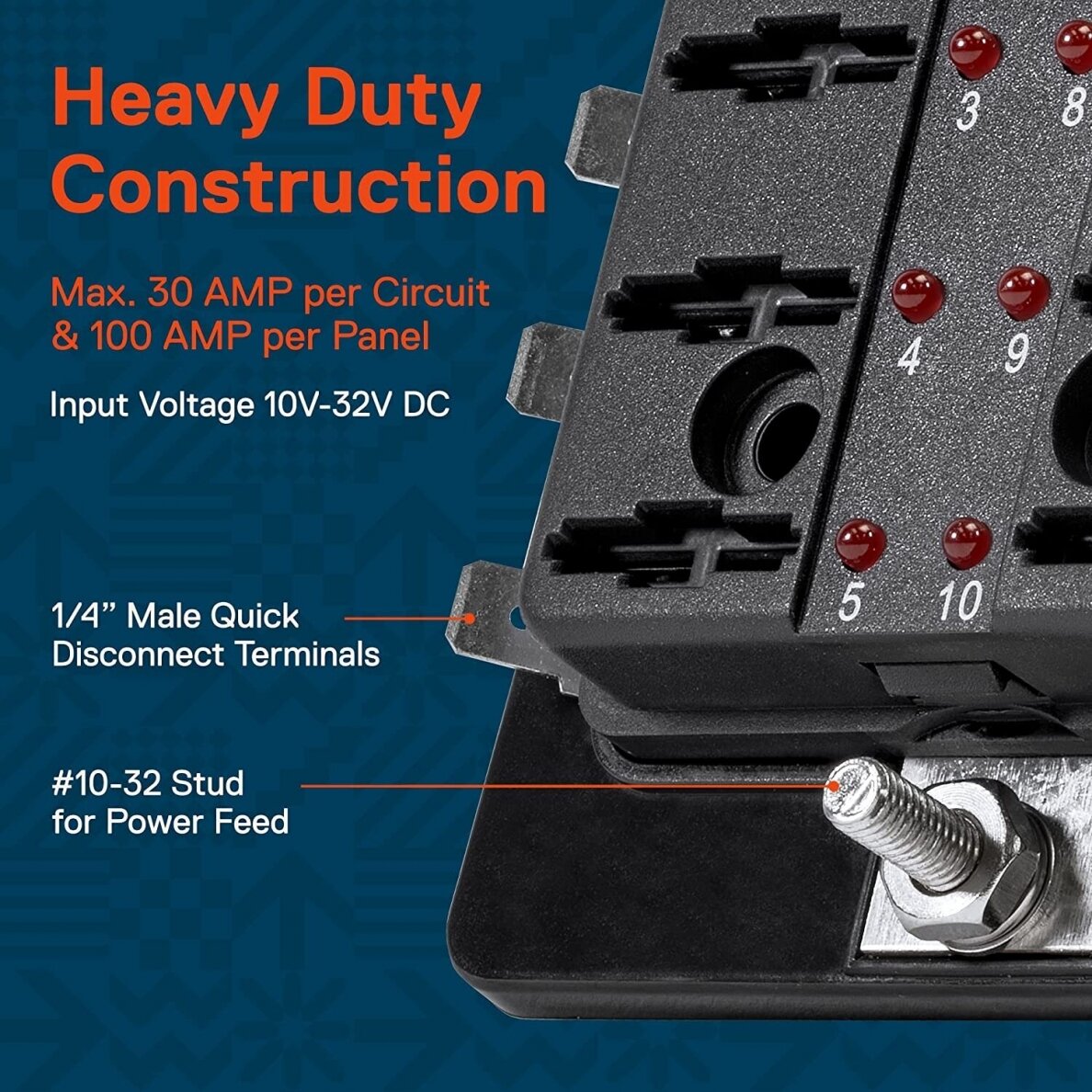 Blade fuse block, with LED light indication, 12 fuses 2 Blade fuse block, with LED light indication, 12 fuses 2